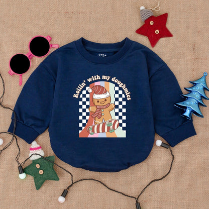 Gingerbread Skateboarding Christmas Romper "Rollin' with my Doughmies" Baby Outfit, Vintage Style, Red Green & White, Cute Holiday Clothes, Boy Gift 139