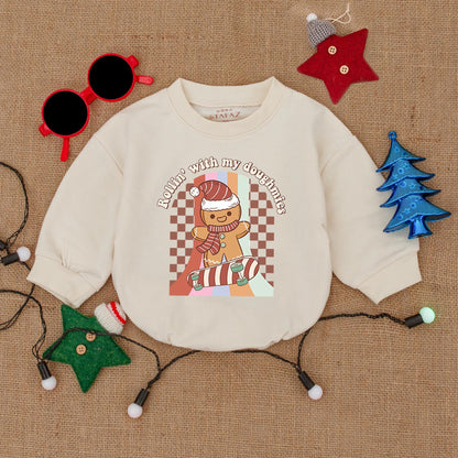 Gingerbread Skateboarding Christmas Romper "Rollin' with my Doughmies" Baby Outfit, Vintage Style, Red Green & White, Cute Holiday Clothes, Boy Gift 139