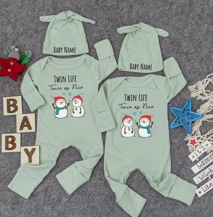 Twin Life Twice as Nice Custom Name Snowman Bodysuit, First Christmas Newborn Outfit, Cute Winter Gift for New Mom Cuties Infant Romper Festive Hats