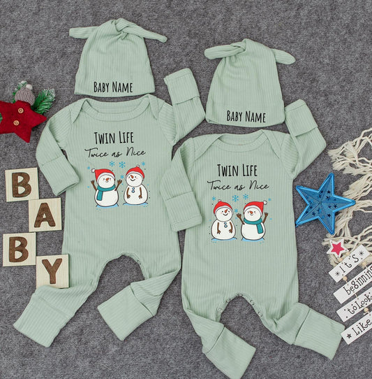 Twin Life Twice as Nice Custom Name Snowman Bodysuit, First Christmas Newborn Outfit, Cute Winter Gift for New Mom Cuties Infant Romper Festive Hats
