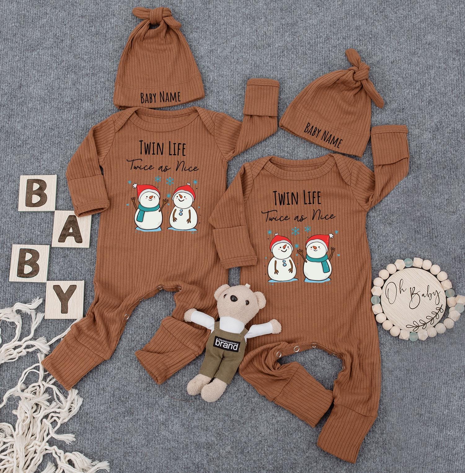 Twin Life Twice as Nice Custom Name Snowman Bodysuit, First Christmas Newborn Outfit, Cute Winter Gift for New Mom Cuties Infant Romper Festive Hats