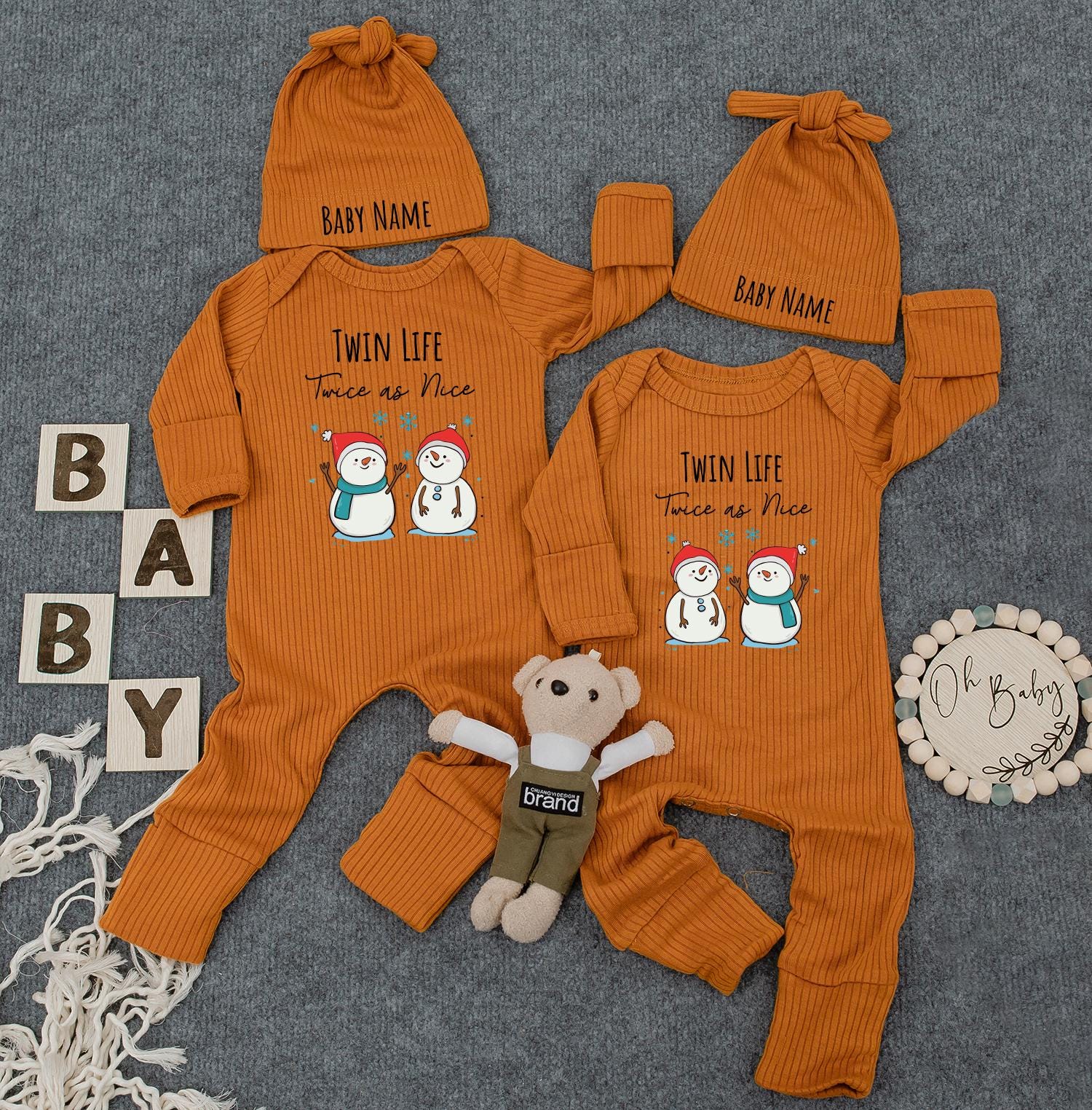 Twin Life Twice as Nice Custom Name Snowman Bodysuit, First Christmas Newborn Outfit, Cute Winter Gift for New Mom Cuties Infant Romper Festive Hats