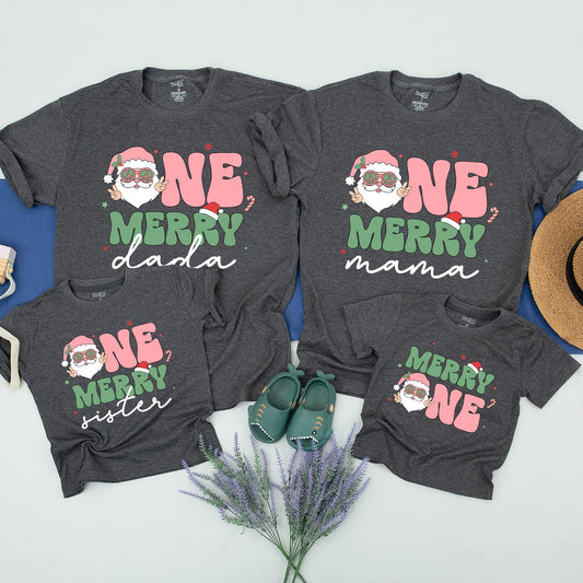 Retro Santa One Merry Christmas Matching Family Shirts First Birthday Outfit Pink Peace Sign Xmas Baby Tee Soft Cotton Holiday Gift Dada Mama Sister