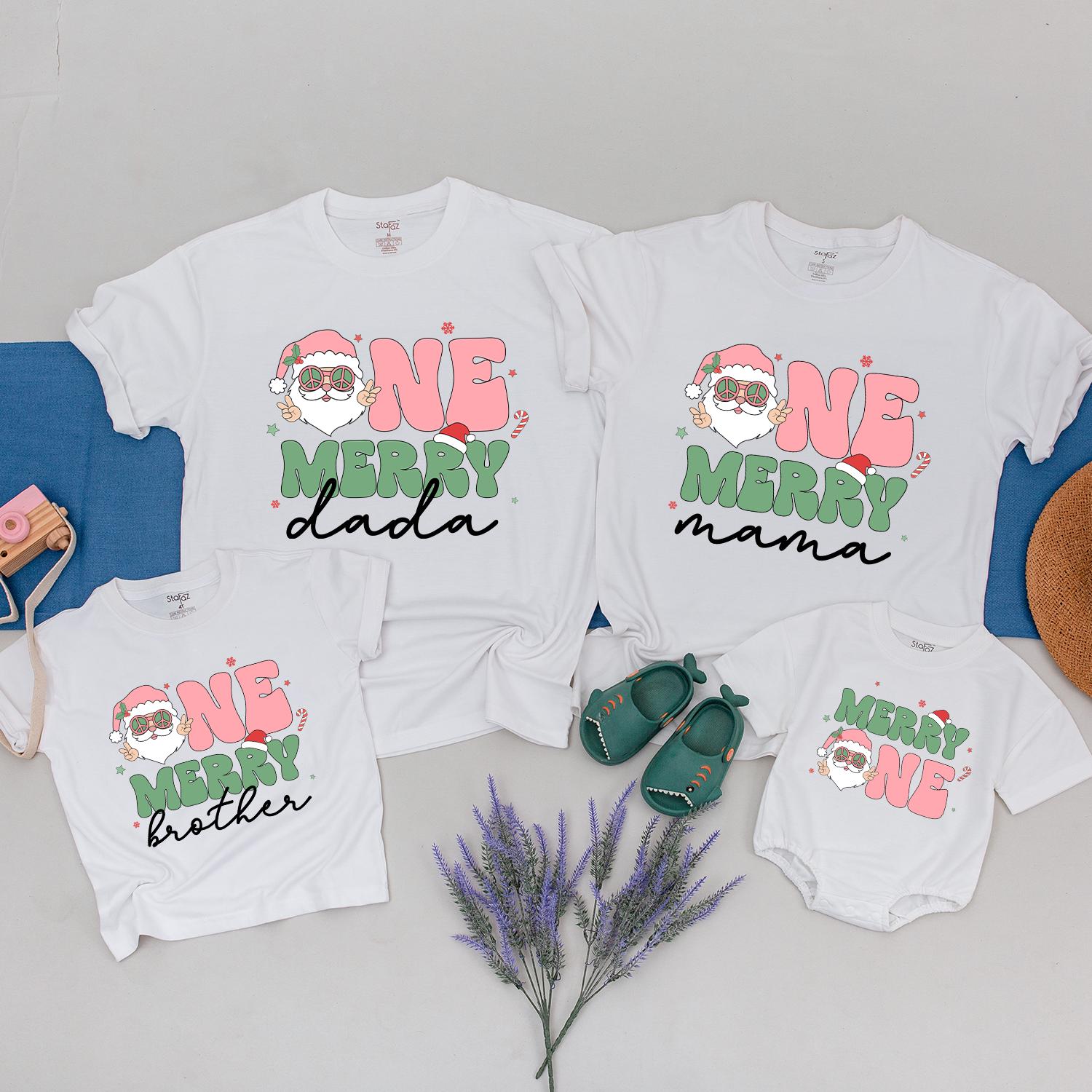 Retro Santa One Merry Christmas Matching Family Shirts First Birthday Outfit Pink Peace Sign Xmas Baby Tee Soft Cotton Holiday Gift Dada Mama Sister