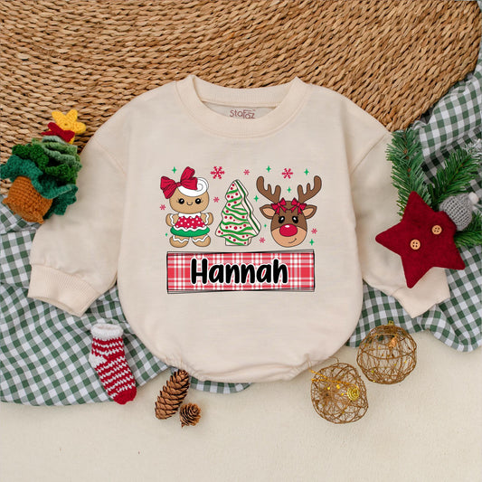 Custom Hannah Christmas Cookie Romper Baby Girl Outfit Reindeer Bow Design Xmas Bodysuit, My First Christmas Gift, Holiday Baby Clothes