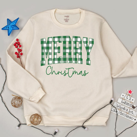 Merry Christmas Buffalo Plaid Sweatshirt: Festive Holiday Crewneck Sweater for Women, Cute Xmas Outfit & Winter Gift Idea, Green Cursive Details (138 chars)