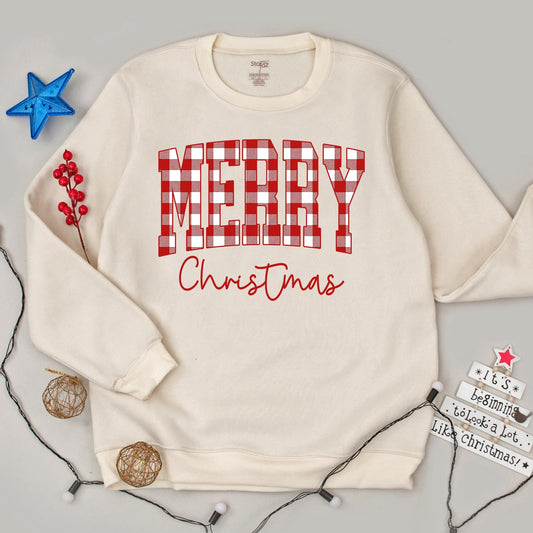 Merry Christmas Buffalo Plaid Sweatshirt, Cute Holiday Sweater, Xmas Family Crewneck, Woman's Festive Outfit, Red Script Top, Winter Gift Idea (138)