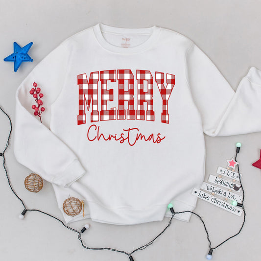 Merry Christmas Buffalo Plaid Sweatshirt, Cute Holiday Sweater, Xmas Family Crewneck, Woman's Festive Outfit, Red Script Top, Winter Gift Idea (138)