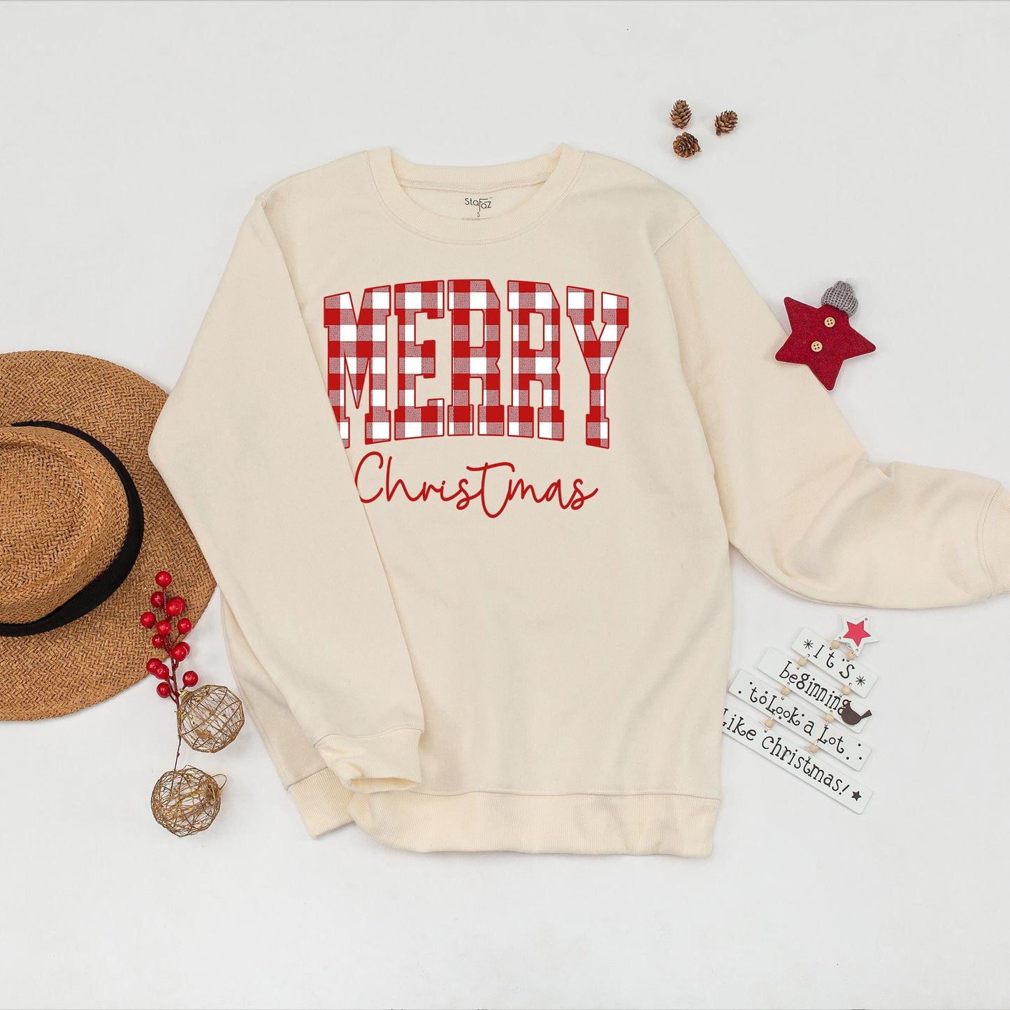 Merry Christmas Buffalo Plaid Sweatshirt, Cute Holiday Sweater, Xmas Family Crewneck, Woman's Festive Outfit, Red Script Top, Winter Gift Idea (138)