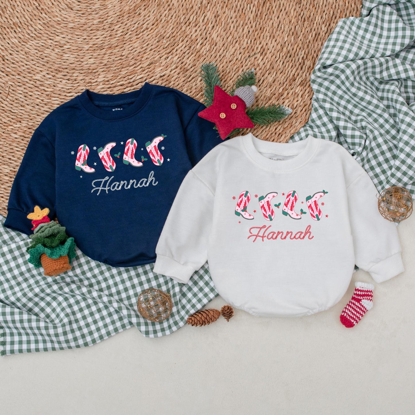 Hannah's Personalized Christmas Cowgirl Boots Romper, Festive Western Baby Bodysuit, Candy Cane Booties, Winter Clothes, Christmas Gift, Girl Outfit 139