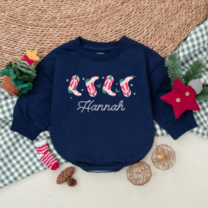 Hannah's Personalized Christmas Cowgirl Boots Romper, Festive Western Baby Bodysuit, Candy Cane Booties, Winter Clothes, Christmas Gift, Girl Outfit 139