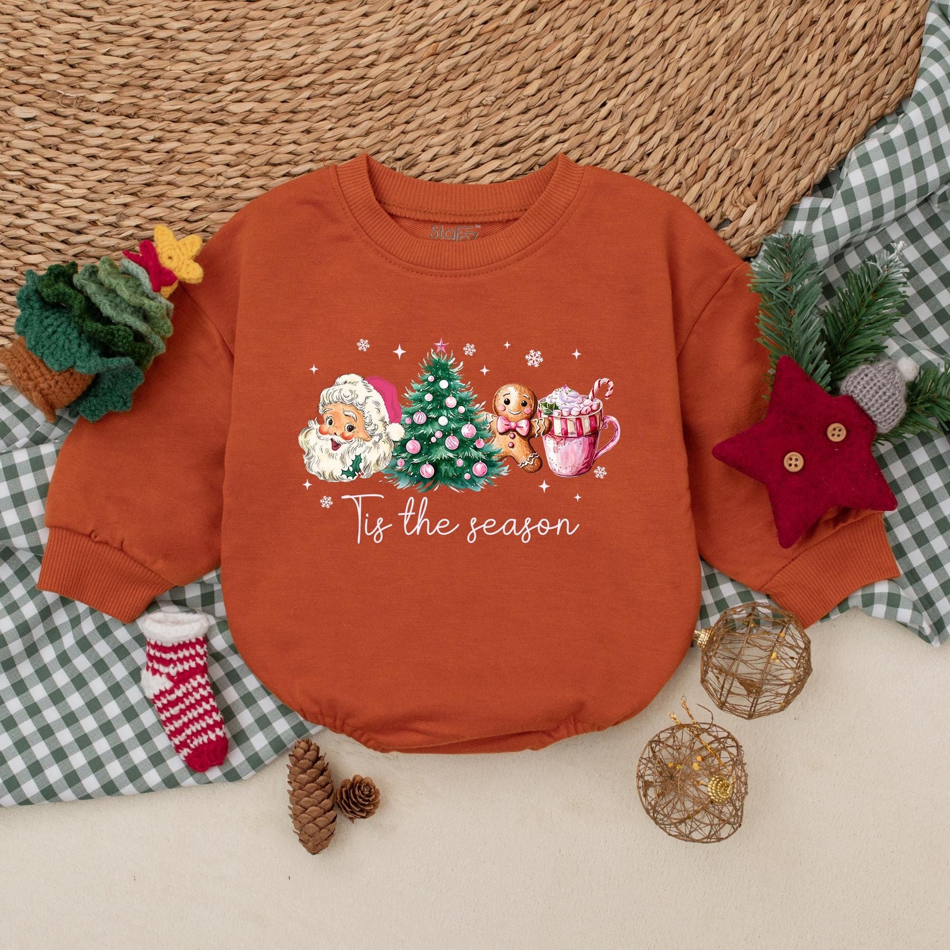 Tis the Season Christmas Romper Outfit Vintage Santa, Tree, & Cocoa Baby Girl Bodysuit Festive Holiday Infant Clothes Comfortable Christmas Gifts 138