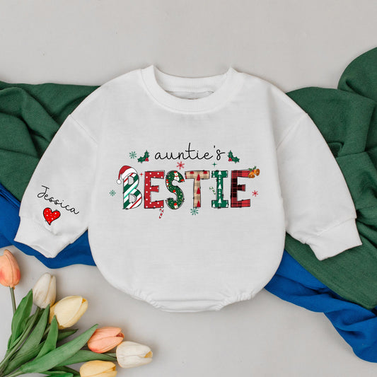 Personalized Auntie's Bestie 1st Christmas Romper, Jessica's Sleeve, Retro Holiday Outfit, Newborn Bubble Romper, Unique Aunt Gift, Baby Girl Boy 139