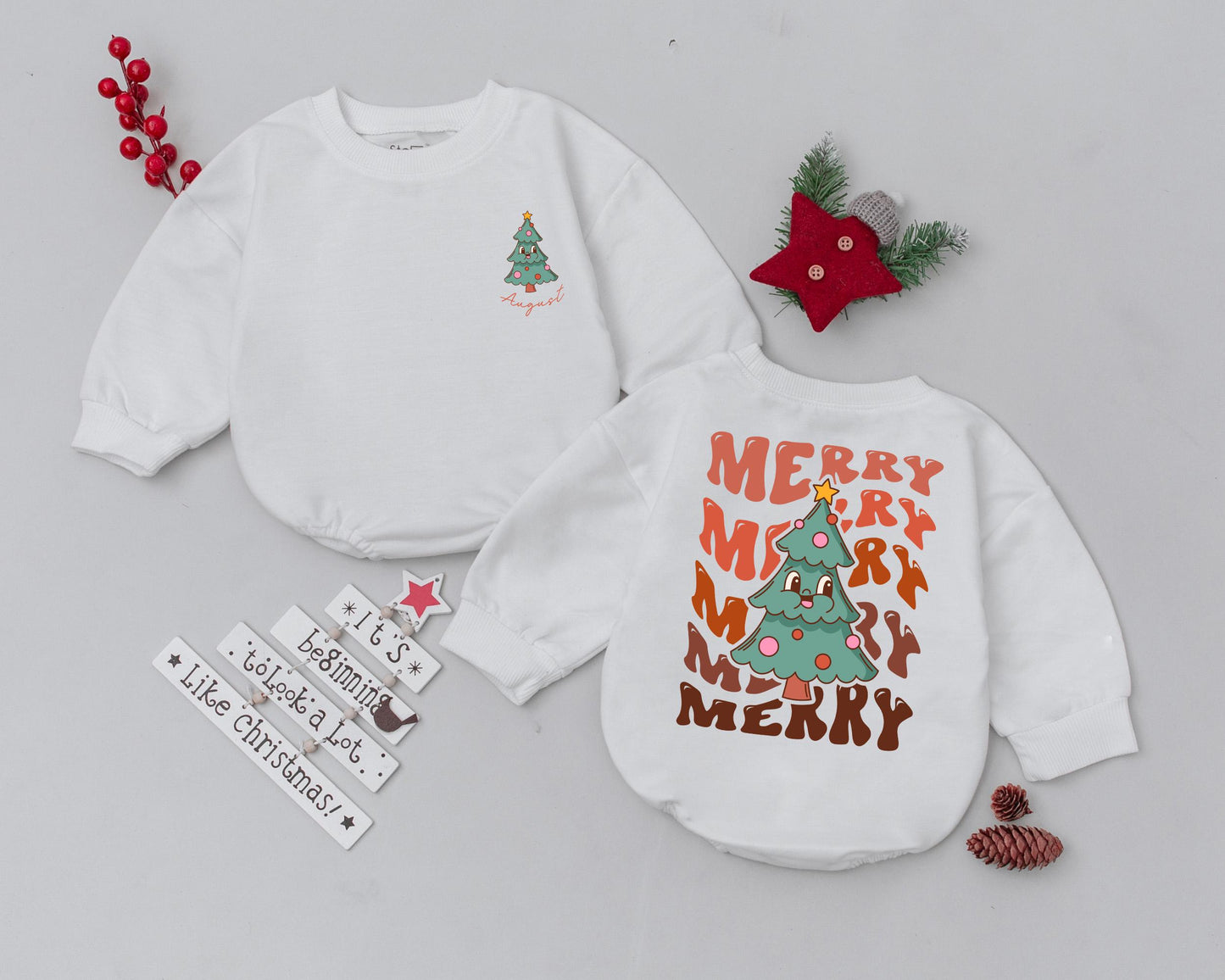 Personalized Retro Christmas Romper: My 1st Christmas Tree Outfit, Custom Name Toddler Sweatshirt, Playful Holiday Bodysuit, Infant Clothes, Baby Gift (138 chars)