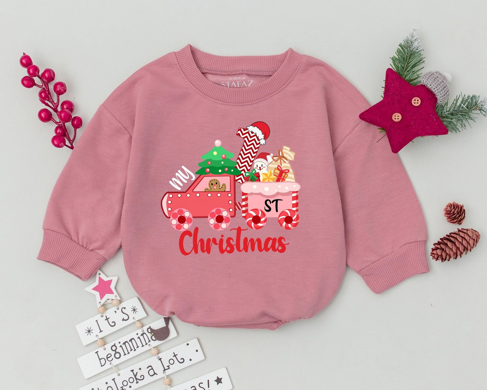 My First Christmas Baby Romper Pink Train Design Cute Holiday Outfit Gingerbread Man Santa Hat Christmas Tree Toddler Boy Girl Gift