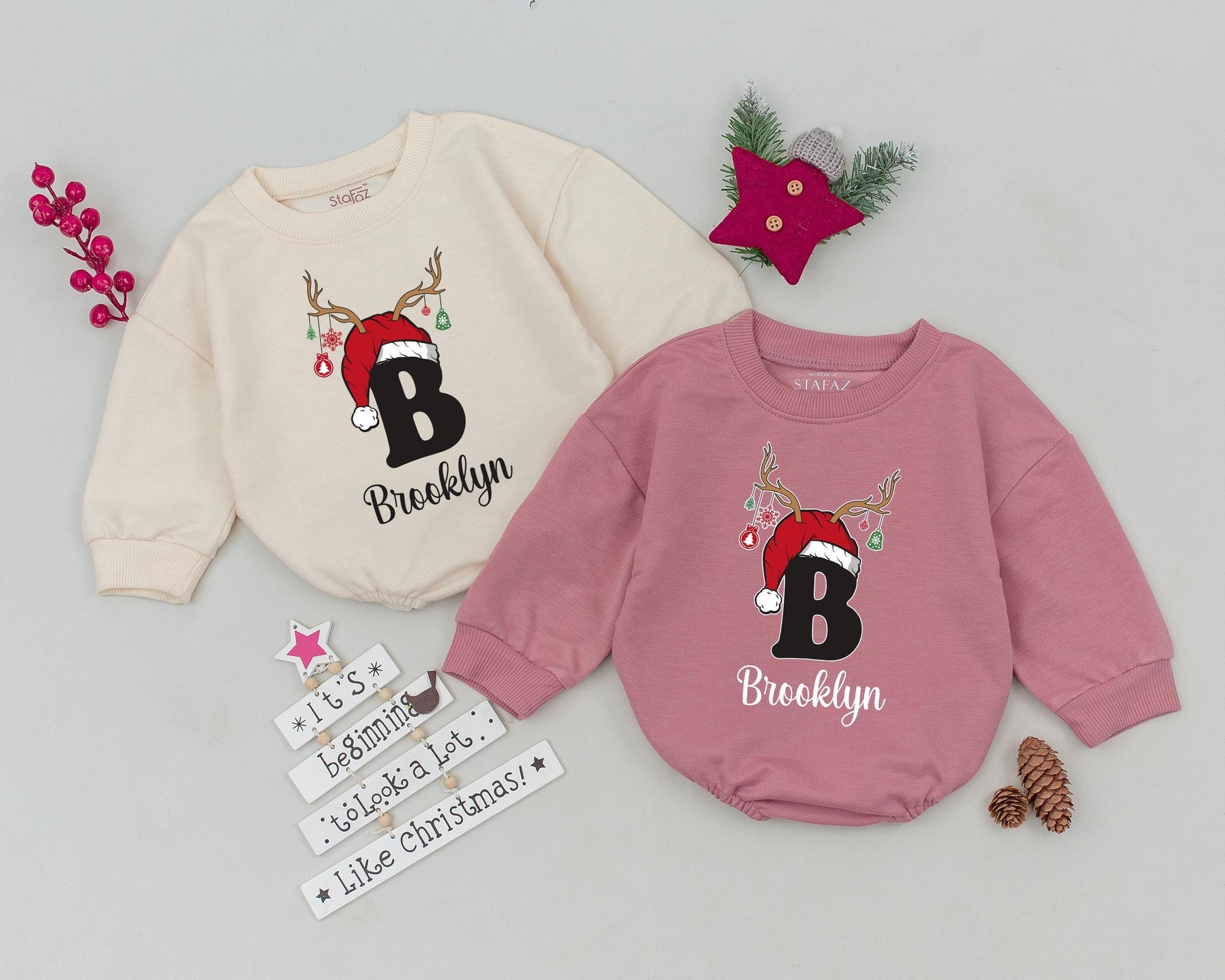 Personalized Brooklyn Baby's First Christmas Romper Santa Hat Antlers Outfit, Holiday Bodysuit for Infant, Custom Name Xmas Gift, Toddler Sweatshirt 139