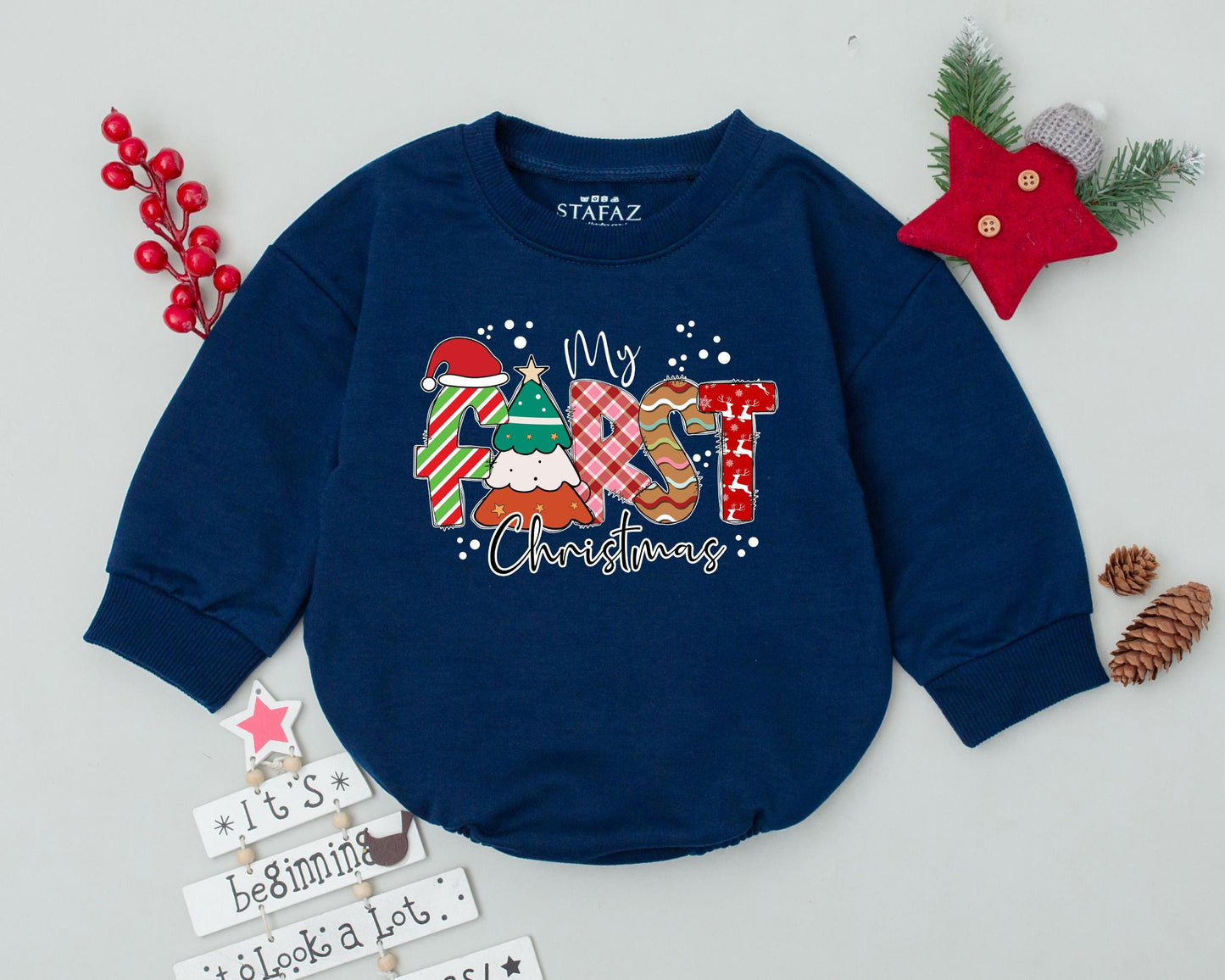 My First Christmas Romper Retro Baby Outfit Cute Toddler Sweatshirt Baby Shower Gift Vintage Holiday Bodysuit Festive Reindeer Trees