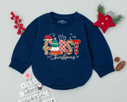 My First Christmas Romper Retro Baby Outfit Cute Toddler Sweatshirt Baby Shower Gift Vintage Holiday Bodysuit Festive Reindeer Trees