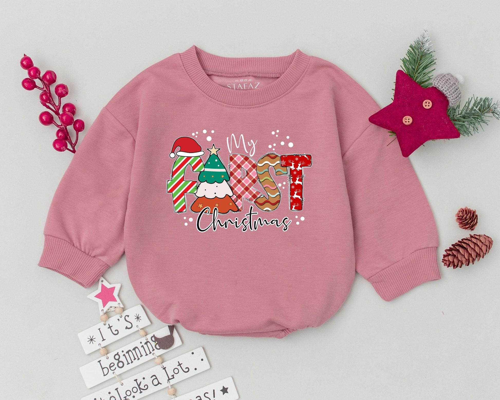 My First Christmas Romper Retro Baby Outfit Cute Toddler Sweatshirt Baby Shower Gift Vintage Holiday Bodysuit Festive Reindeer Trees