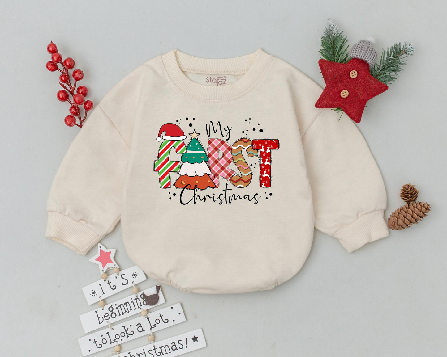 My First Christmas Romper Retro Baby Outfit Cute Toddler Sweatshirt Baby Shower Gift Vintage Holiday Bodysuit Festive Reindeer Trees