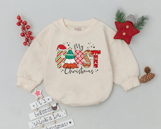 My First Christmas Romper Retro Baby Outfit Cute Toddler Sweatshirt Baby Shower Gift Vintage Holiday Bodysuit Festive Reindeer Trees