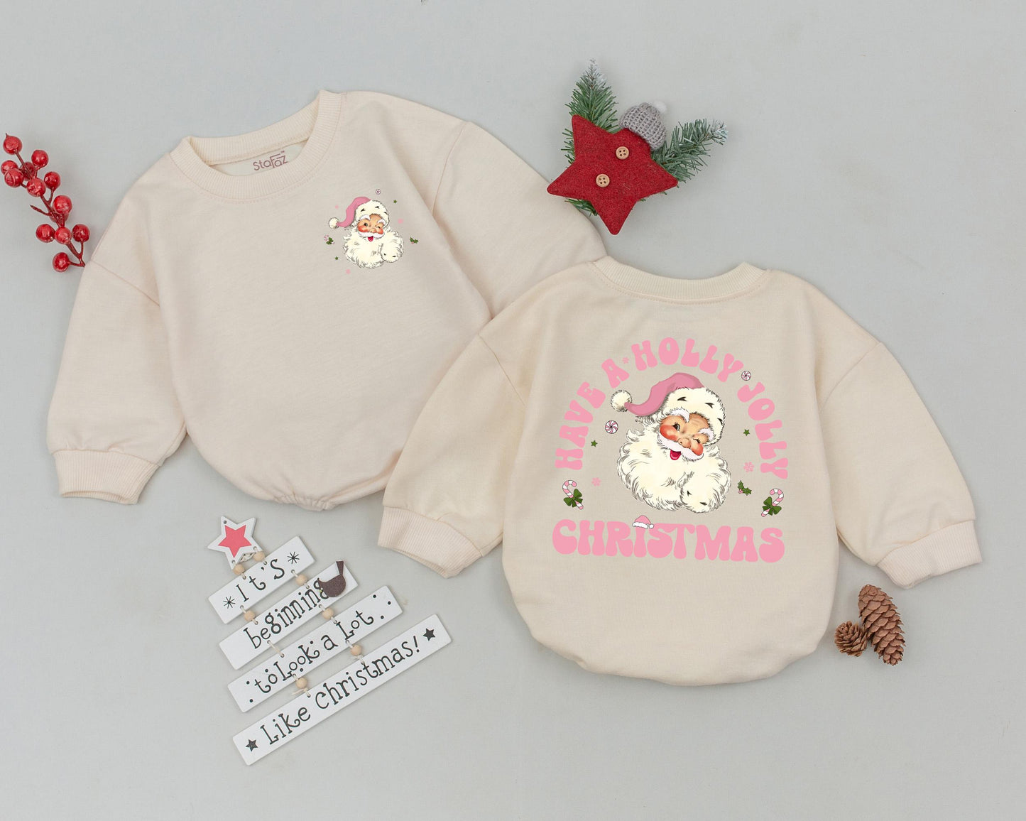 Holly Jolly Christmas Romper Baby Girl, Retro Santa First Christmas Outfit, Pink and Green Newborn Bodysuit Vintage Holiday Gift 134 chars