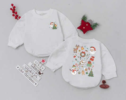 Retro Christmas Romper Groovy Santa First Christmas Outfit Vintage Newborn Bodysuit Muted Holiday Colors Baby Shower Gift Cute Reindeer Snowman Design (139 chars)