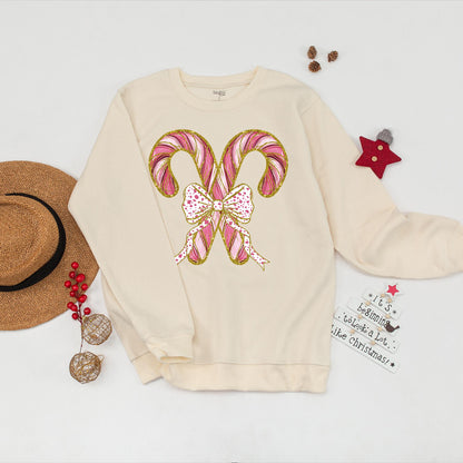 Festive Candy Cane Christmas Sweatshirt with Pink Bow Design, Holiday Party Crewneck Sweater, Cute Winter Gift