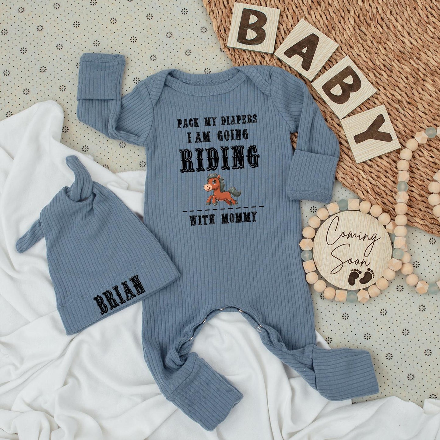 Pack My Diapers Horseback Riding Baby Bodysuit Set, Funny Equestrian Outfit for Mommy's Little Rider, Unique Newborn Gift with Brian Hat (138 chars)