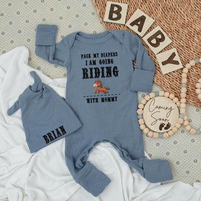 Pack My Diapers Horseback Riding Baby Bodysuit Set, Funny Equestrian Outfit for Mommy's Little Rider, Unique Newborn Gift with Brian Hat (138 chars)