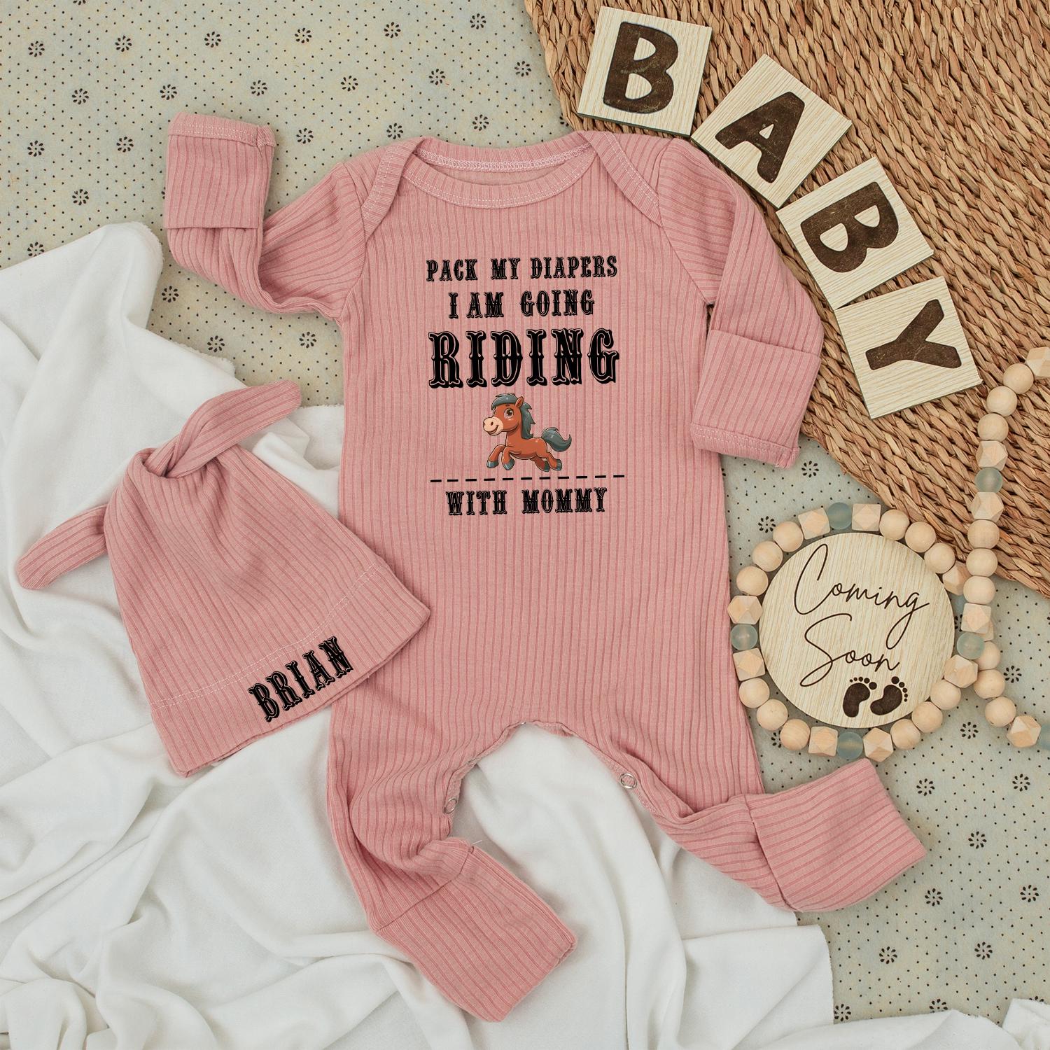 Pack My Diapers Horseback Riding Baby Bodysuit Set, Funny Equestrian Outfit for Mommy's Little Rider, Unique Newborn Gift with Brian Hat (138 chars)
