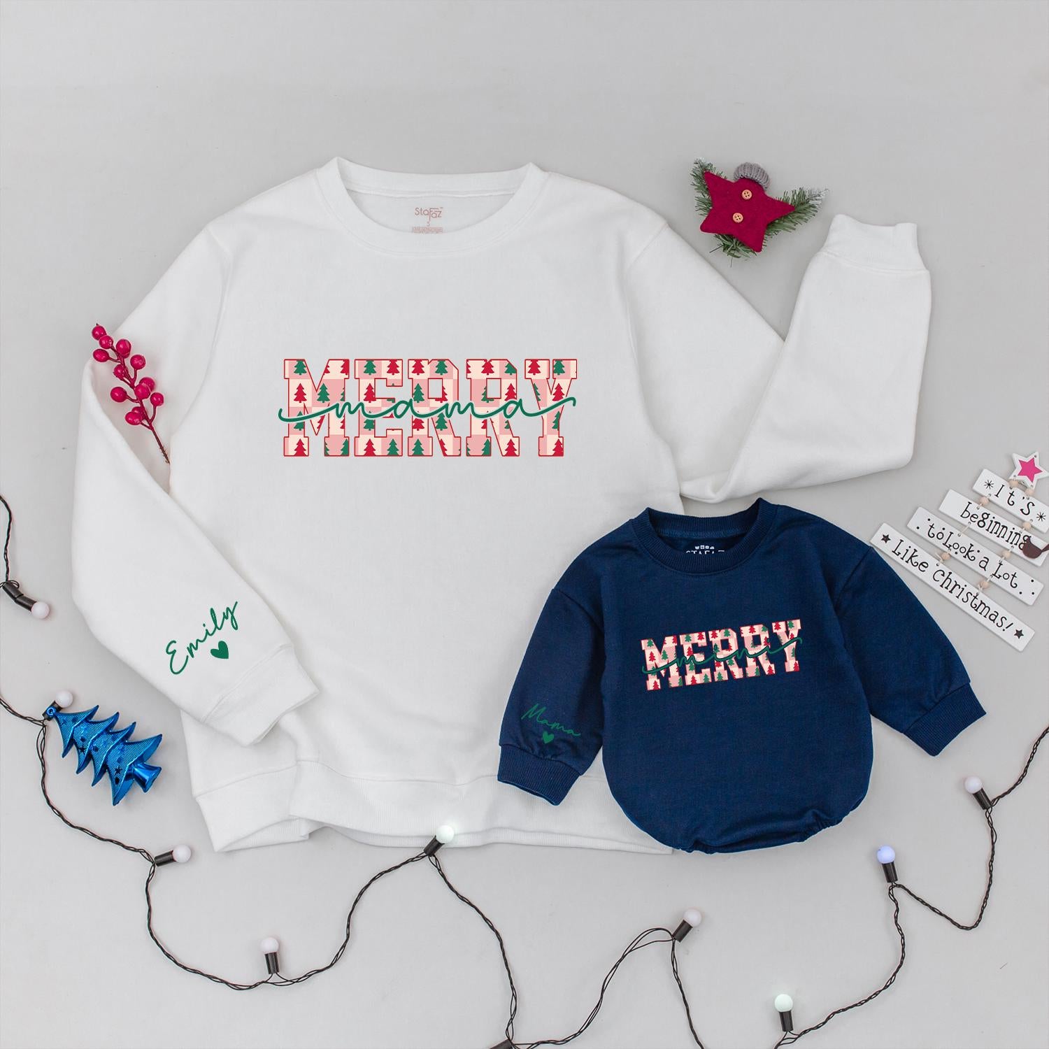 Personalized Merry Mama and Mini Sweaters with Green Trees Red Pink Squares Family Christmas Outfit Matching Festive Joyful Cozy Holiday Style