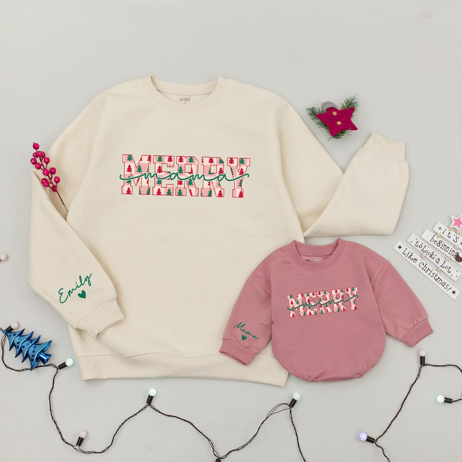 Personalized Merry Mama and Mini Sweaters with Green Trees Red Pink Squares Family Christmas Outfit Matching Festive Joyful Cozy Holiday Style