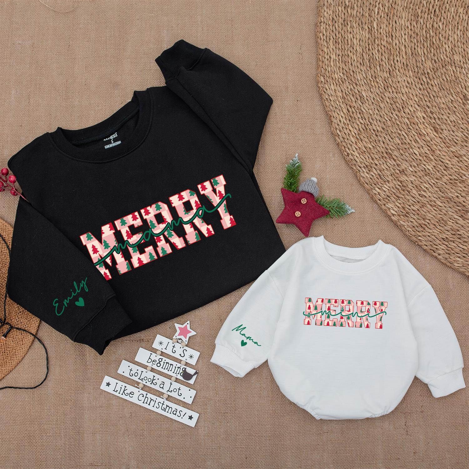 Personalized Merry Mama and Mini Sweaters with Green Trees Red Pink Squares Family Christmas Outfit Matching Festive Joyful Cozy Holiday Style