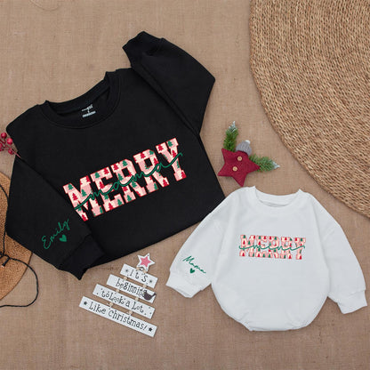 Personalized Merry Mama and Mini Sweaters with Green Trees Red Pink Squares Family Christmas Outfit Matching Festive Joyful Cozy Holiday Style