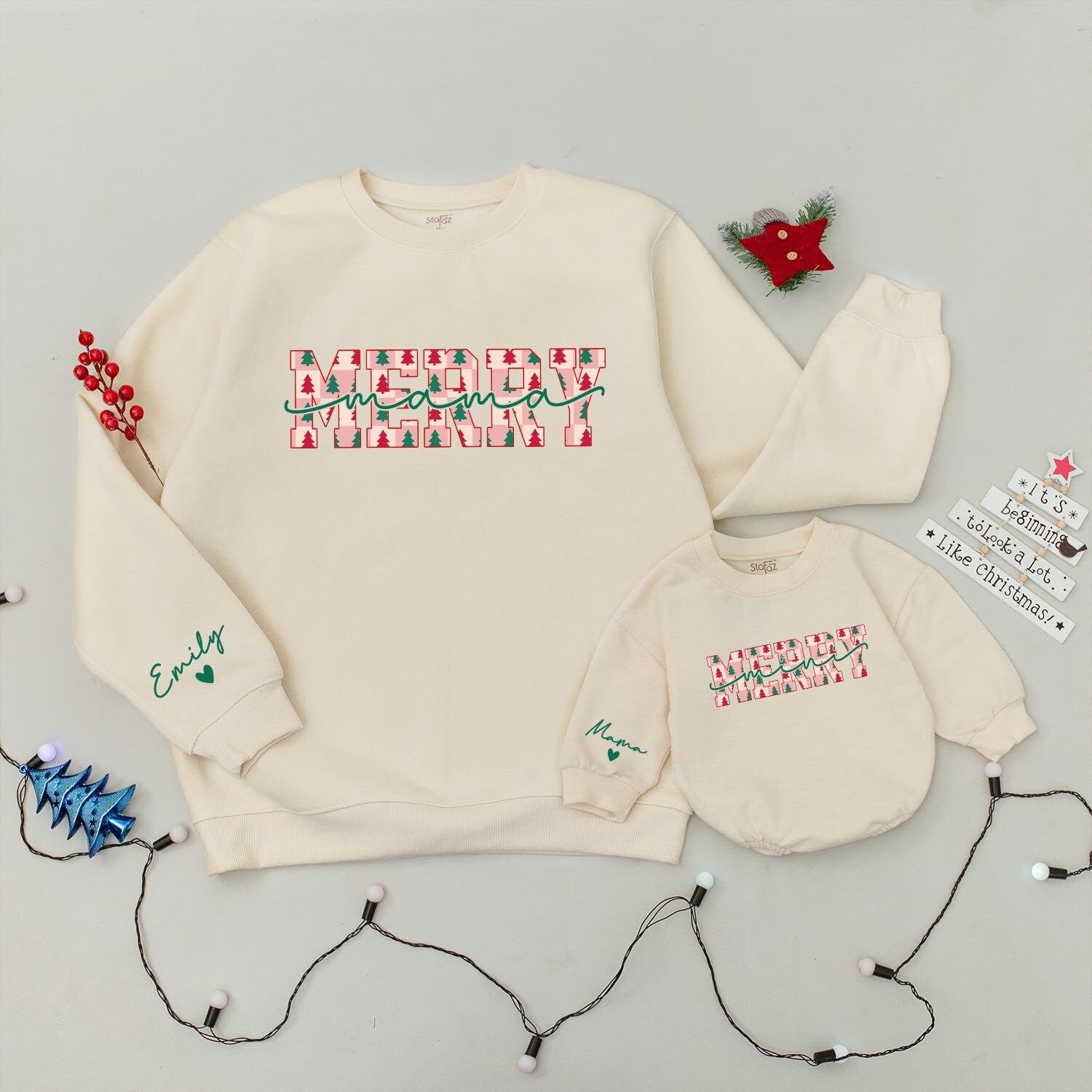 Personalized Merry Mama and Mini Sweaters with Green Trees Red Pink Squares Family Christmas Outfit Matching Festive Joyful Cozy Holiday Style