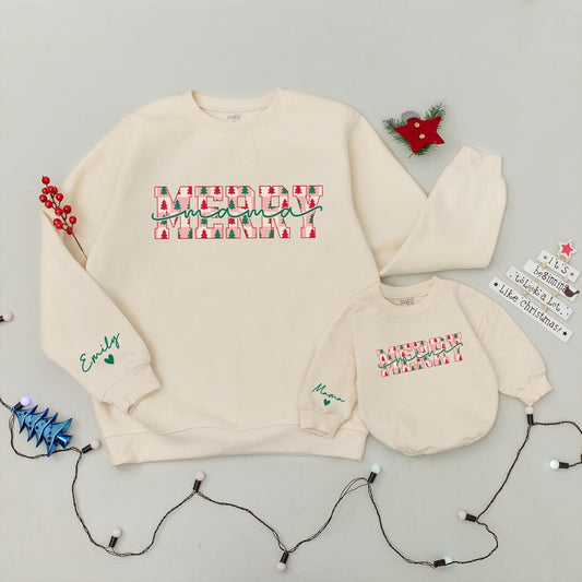 Personalized Merry Mama and Mini Sweaters with Green Trees Red Pink Squares Family Christmas Outfit Matching Festive Joyful Cozy Holiday Style