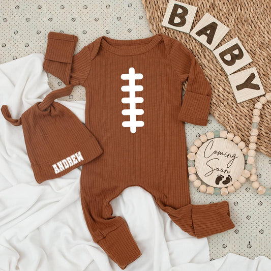 Newborn Baby Football Bodysuit & Hat Set: Andrew Design, Retro Sporty Outfit, Perfect for Dad & Baby, Pregnancy Gift, Baby Boy Clothes