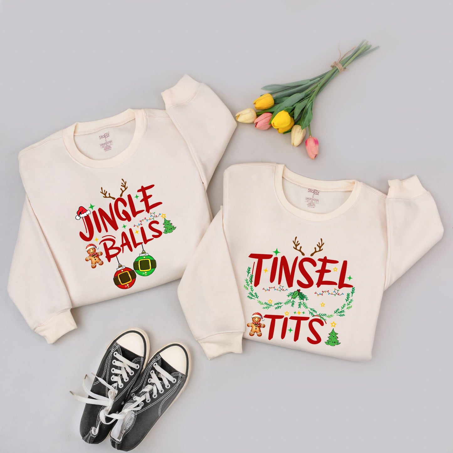 Couples Funny Holiday Sweaters - Jingle Balls & Tinsel Tits Outfits