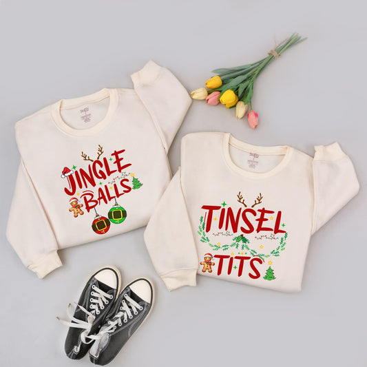 Couples Funny Holiday Sweaters - Jingle Balls & Tinsel Tits Outfits