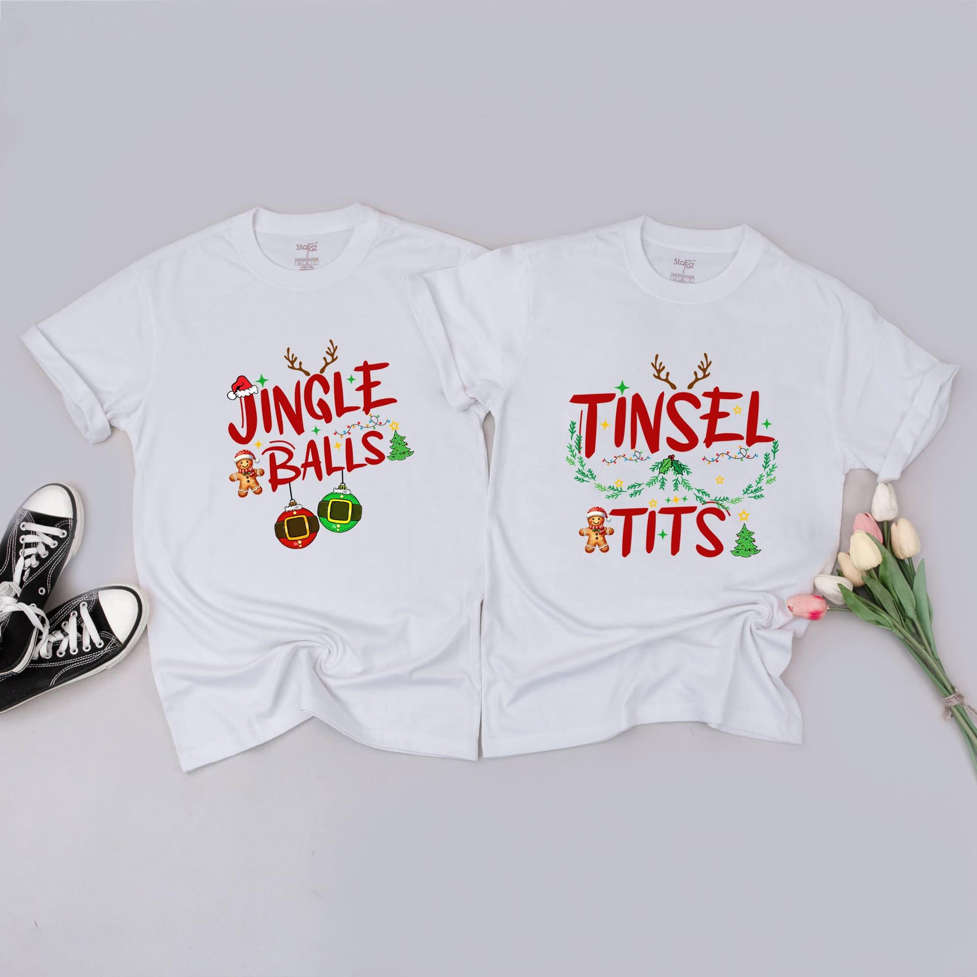 Couples Funny Holiday Sweaters - Jingle Balls & Tinsel Tits Outfits