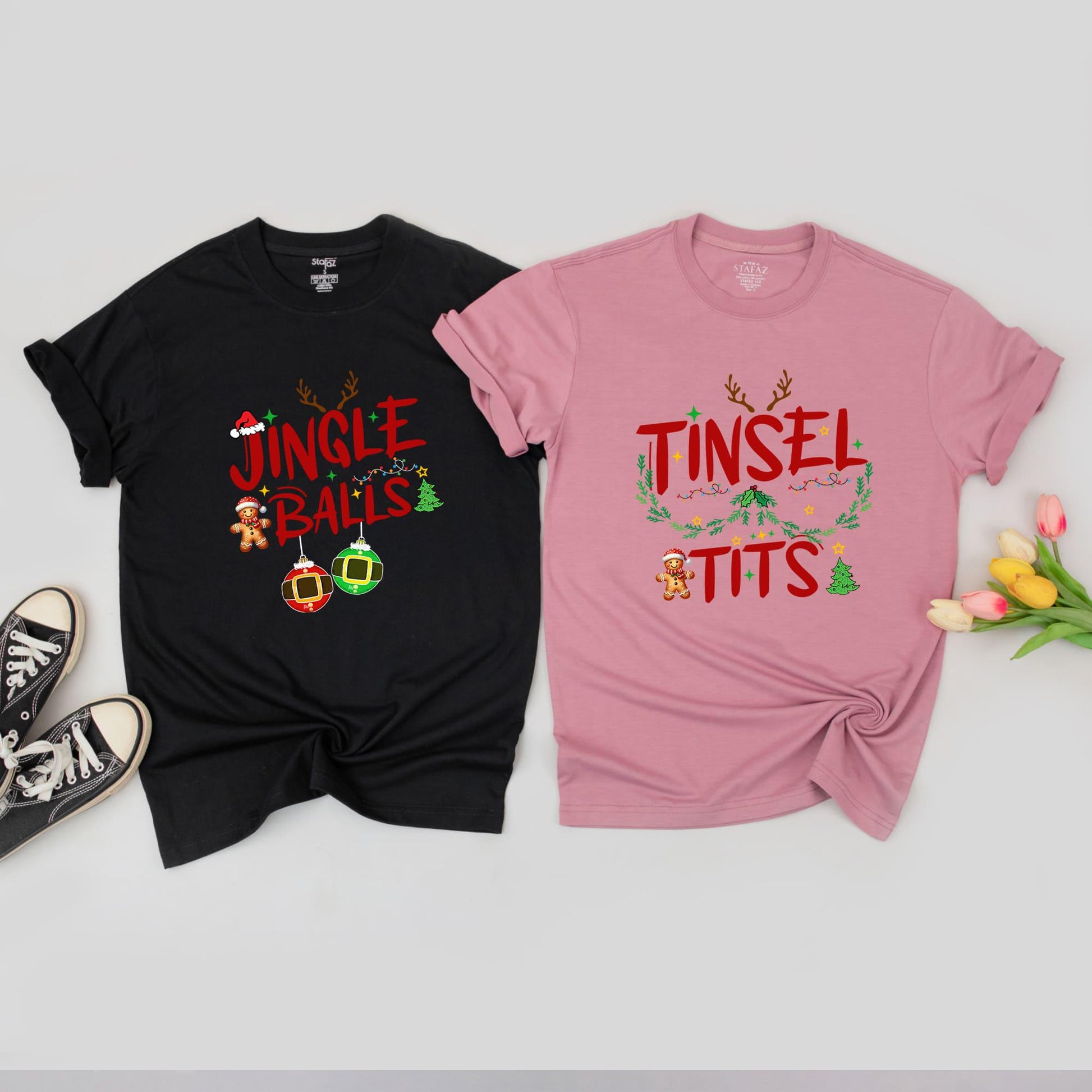 Couples Funny Holiday Sweaters - Jingle Balls & Tinsel Tits Outfits