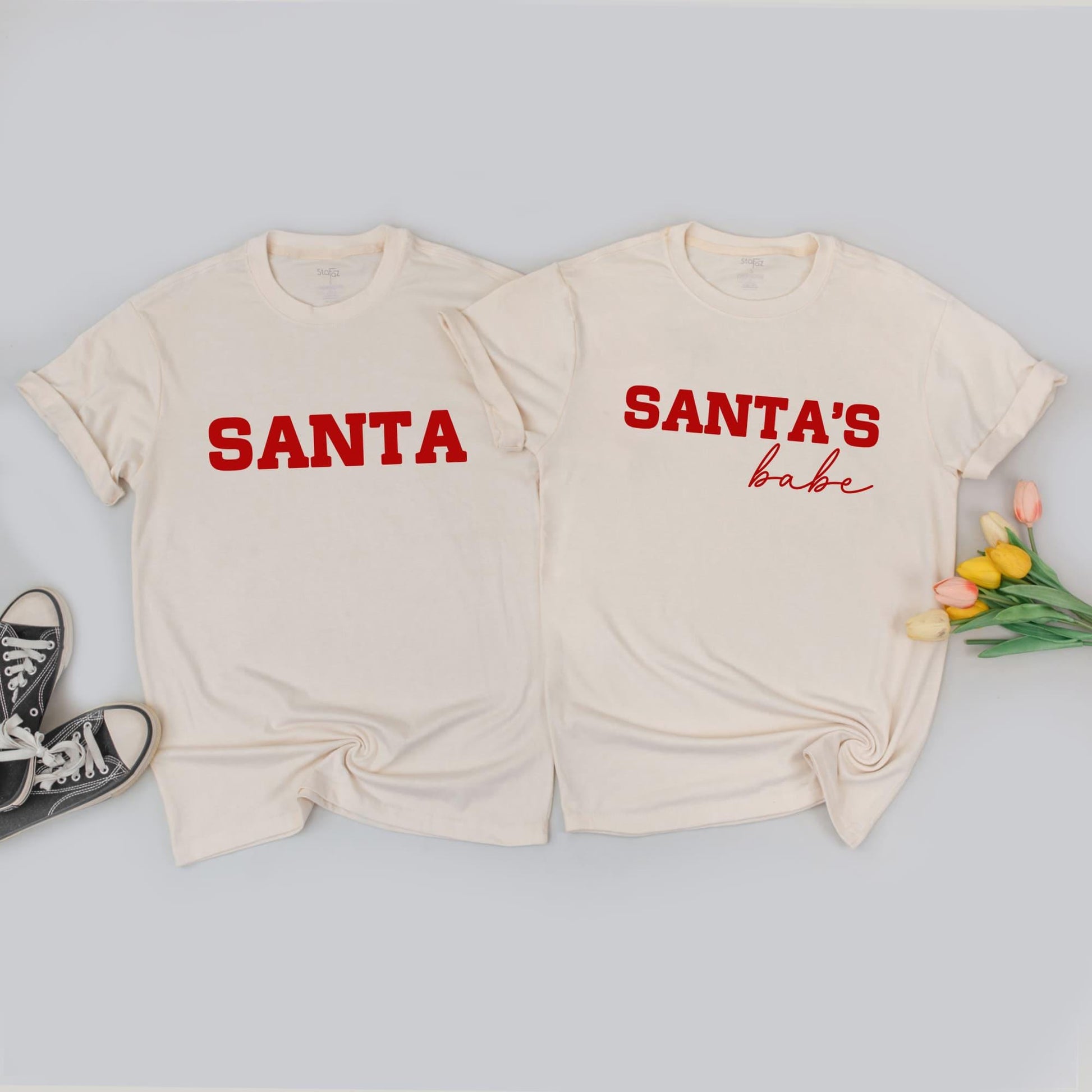 Christmas Couple Matching Sweatshirts "SANTA" & "SANTA'S BABE" Red Text Holiday Outfits His & Hers Festive Sweaters for Couples