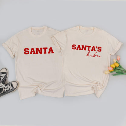 Christmas Couple Matching Sweatshirts "SANTA" & "SANTA'S BABE" Red Text Holiday Outfits His & Hers Festive Sweaters for Couples