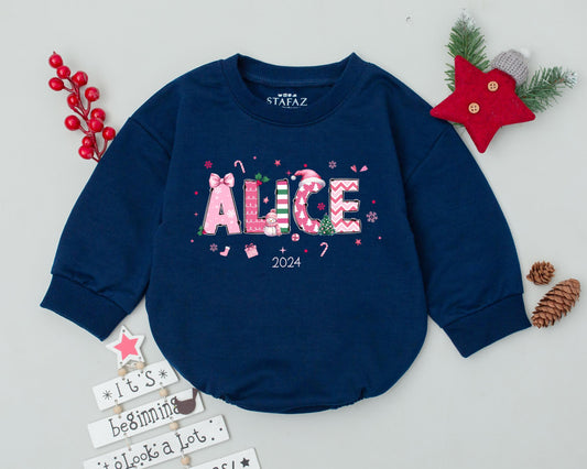 Custom Name Christmas Romper, Vintage Pink Baby’s First Holiday Outfit  