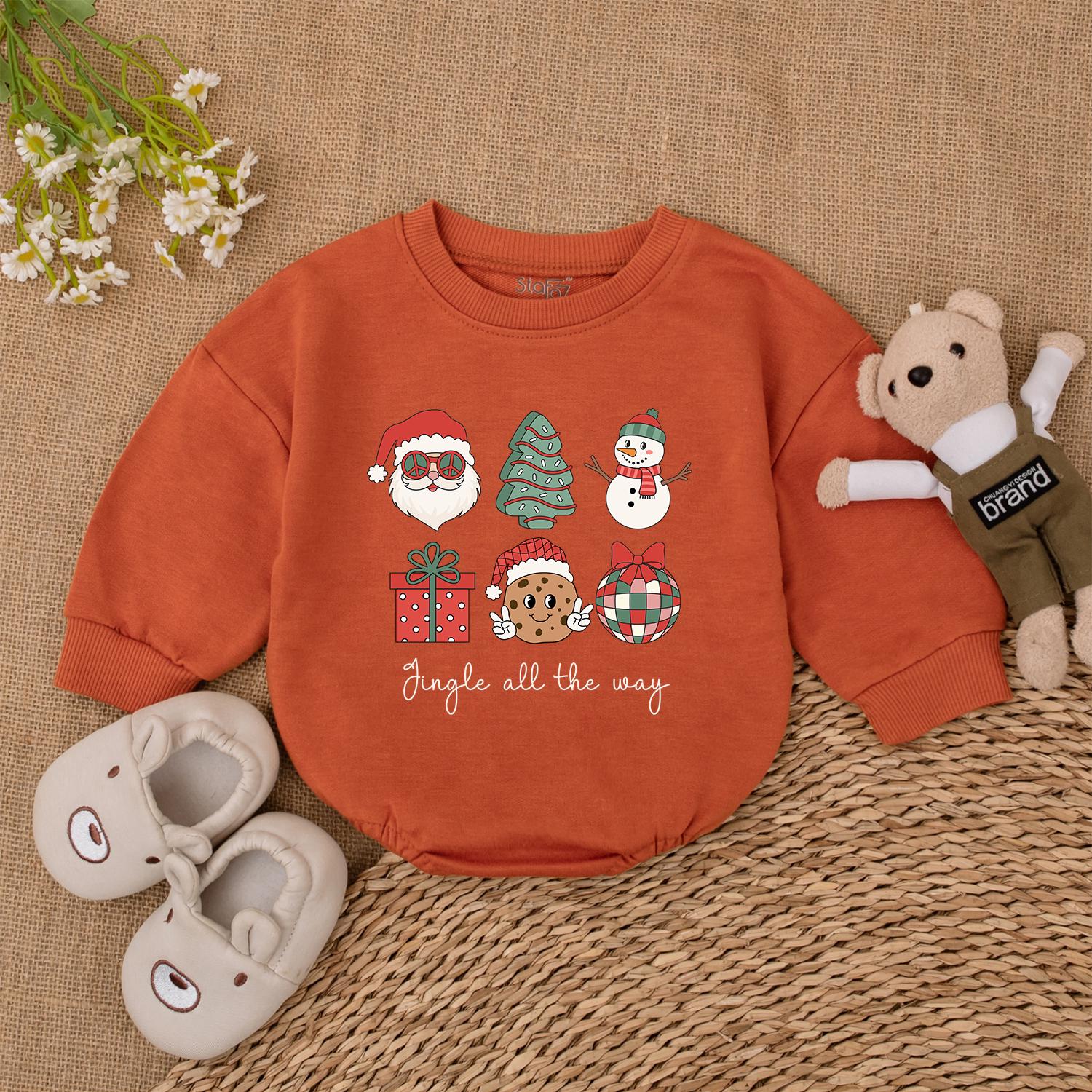Jingle All The Way Playful Christmas Baby Romper with Retro Santa Cookie Tree Design First Xmas Infant Bodysuit Shower Gift