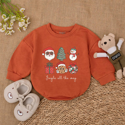Jingle All The Way Playful Christmas Baby Romper with Retro Santa Cookie Tree Design First Xmas Infant Bodysuit Shower Gift