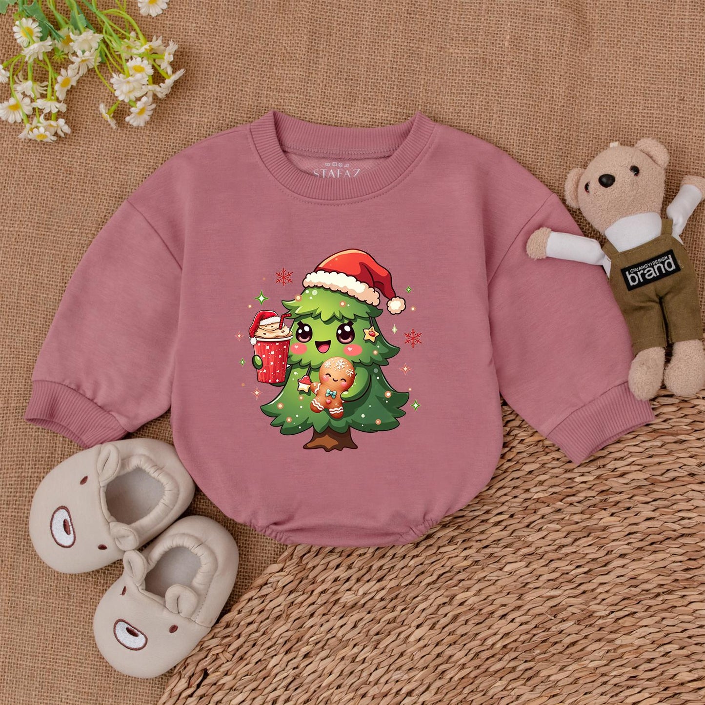 Cute Cartoon Christmas Tree Baby Romper Santa Hat Gingerbread Hot Drink Design Adorable Festive First Xmas Shower Gift Bodysuit
