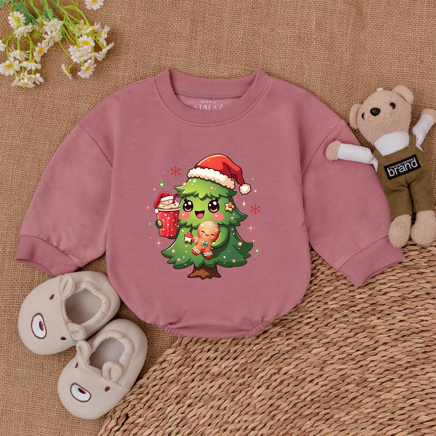 Cute Cartoon Christmas Tree Baby Romper Santa Hat Gingerbread Hot Drink Design Adorable Festive First Xmas Shower Gift Bodysuit