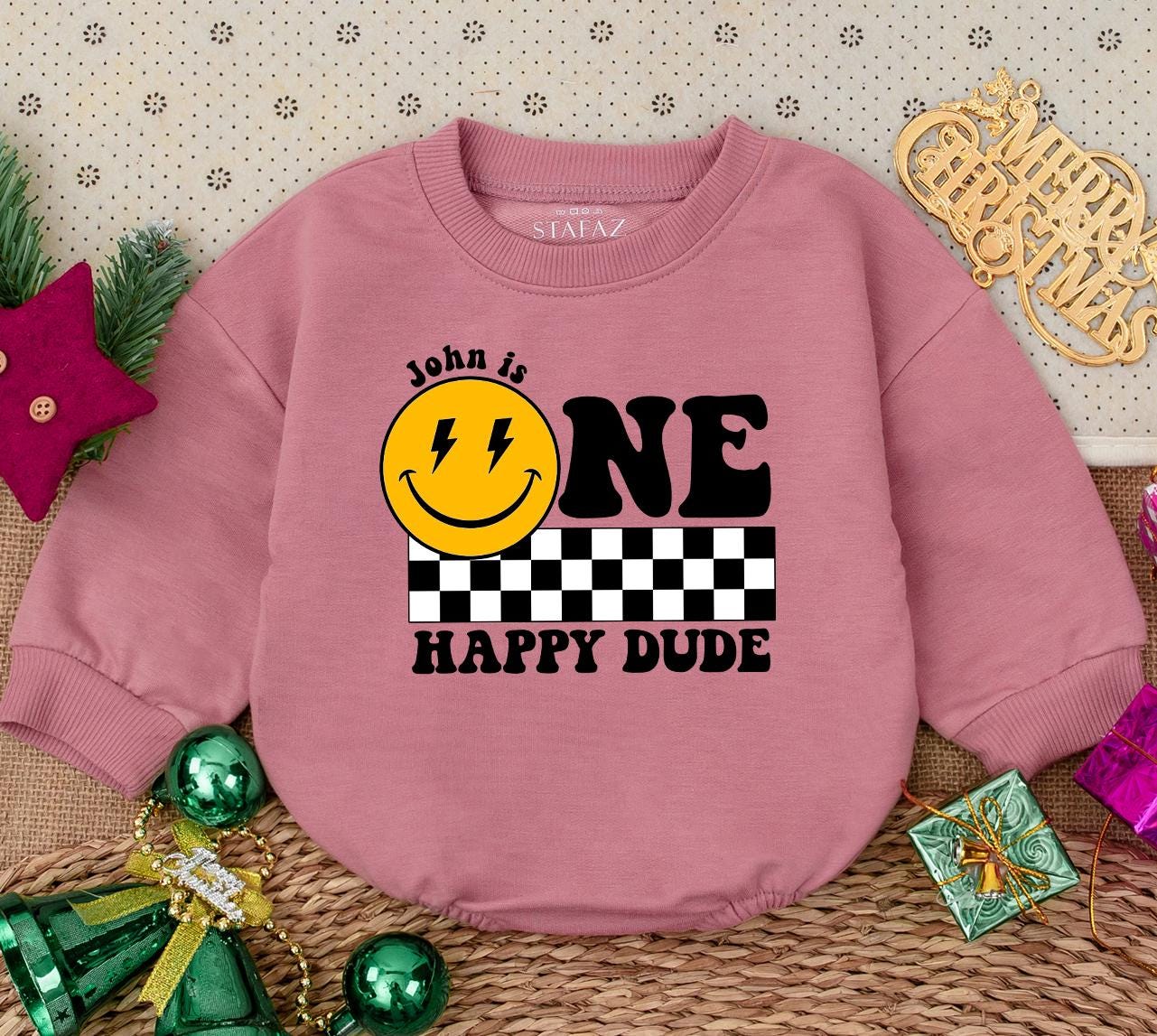 Personalized One Happy Dude Birthday Bodysuit, Smiley Face First Birthday Outfit, Custom Name Baby Boy Clothes, Retro Celebration Romper, Newborn Gift 138